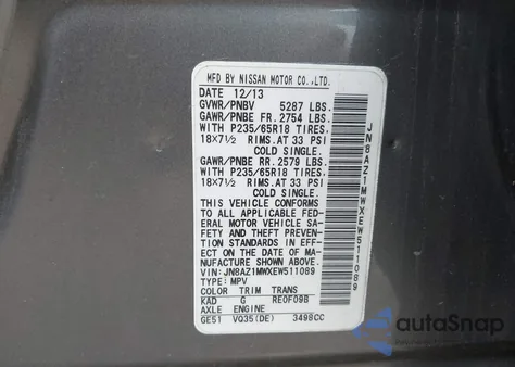 2014 Nissan Murano Sl из США, поврежденный, VIN JN8AZ1MWXEW511089